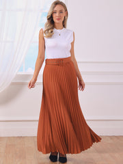 Flowy Pleated Elastic High Waist Belted Swing A-line Maxi Skirt