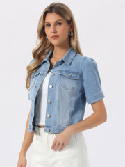 Casual Short Puff Sleeves Button-Down Jean Denim Jacket