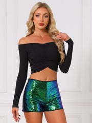 Sequin Midrise Solid Sparkle Cocktail Zipper Elastic Waist Shorts