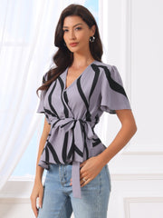 Printed V Neck Elastic Waist Belt Ruffle Peplum Blouse