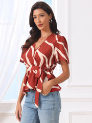 Printed V Neck Elastic Waist Belt Ruffle Peplum Blouse