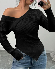 Off The Shoulder Soft Stretch Wrap Around Asymmetrical Ribbed Sweater