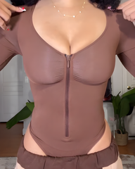Front Zipper Seamless Slimming Long Sleeve Thong Bodysuit