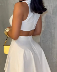 Ladies V-neck Metal Button Sleeveless Dress