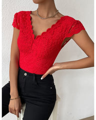 Sexy Deep V Neck Lace Short Sleeve One Piece Bodysuit