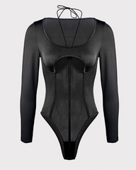 Mesh See-Through Hollowed-Out Long-Sleeved Underwire Bodysuit