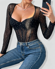 Sheer Mesh Shiny Long Sleeve Underwire Tummy Control Jumpsuit