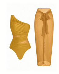 Ruched Mesh Patchwork One Piece Swimsuit with Sarong Skirt