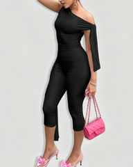 Asymmetric Neckline Tie-Design Form-Fitting Sleeveless Top & High Waist Capri Pants Two-Piece Set