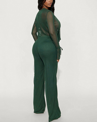 Deep V Mesh Cowl Neck Top & Wide Leg Pants Casual 2 Piece Outfit Set