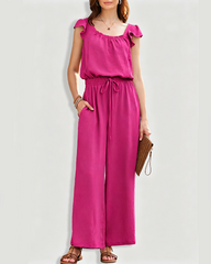 Square Neck Ruffle Sleeve Drawstring Waist Jumpsuit with Pockets