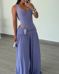 Tank Bodysuit Rhinestone Waist Draped Wide Leg Pants Two Piece Set