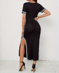 Casual Striped Short Sleeve Split Slim Fit Dress
