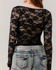 Floral Lace Tops Low Cut Sheer Long Sleeve Pullovers Fitted Crop Shirt with Bra