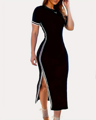 Casual Striped Short Sleeve Split Slim Fit Dress