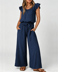 Square Neck Ruffle Sleeve Drawstring Waist Jumpsuit with Pockets