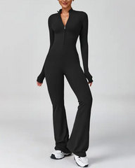 Long-Sleeved Flared Athletic Zipper Jumpsuit