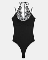 Fashionable Slim-Fit Patchwork Lace Halter Neck Bodysuit