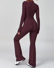 Long-Sleeved Flared Athletic Zipper Jumpsuit