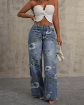 High Waist Straight Leg Printed Jeans