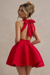 Red Halter Neck Mini Dress with Back Bow