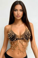 Gold Pearl Chainmail Body Harness Top