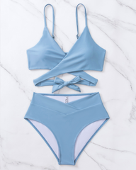 High-Waisted Cross-Strap Bikini Swimsuit Set