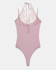 Fashionable Slim-Fit Patchwork Lace Halter Neck Bodysuit