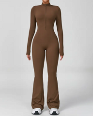 Long-Sleeved Flared Athletic Zipper Jumpsuit