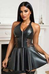 Black Faux Leather Zip Halter Dress with Mesh