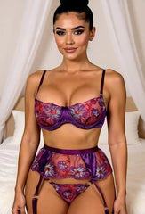 Floral Passion Bra, Thong and Garter Set