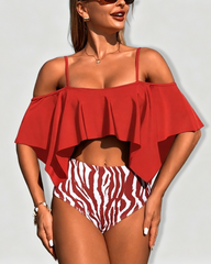 Off Shoulder Ruffle High Waist Printed Two Piece Bikini Swimsuit