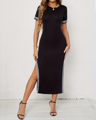 Casual Striped Short Sleeve Split Slim Fit Dress
