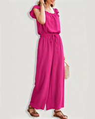 Square Neck Ruffle Sleeve Drawstring Waist Jumpsuit with Pockets
