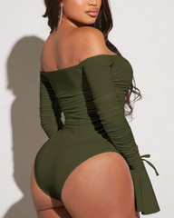 Off Shoulder Ruched Flare Sleeve Tie Bodysuit