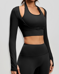 Halter Neck Long Sleeve Workout Crop Top with Built-in Sports Bra