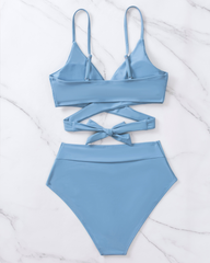 High-Waisted Cross-Strap Bikini Swimsuit Set