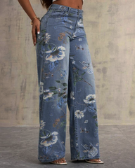 High Waist Straight Leg Printed Jeans