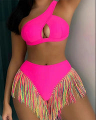 Women's Solid Color Fringe Hem Bikini