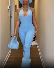 Deep V-Neck Neckband Backless Bodysuit High-Waisted Hip-Lifting Jumpsuit