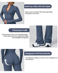 Long-Sleeved Flared Athletic Zipper Jumpsuit