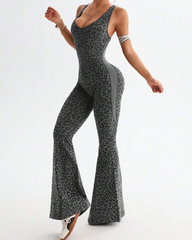 Leopard Print Cross-Back Butt Lifting Flared Jumpsuit