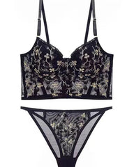 Embroidered Lace and Steel Bone Overlay French Lingerie Bra Set