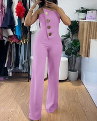 Sexy Tube Top Button-Decorated Flared Jumpsuit