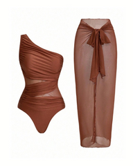 Ruched Mesh Patchwork One Piece Swimsuit with Sarong Skirt