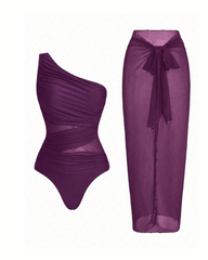 Ruched Mesh Patchwork One Piece Swimsuit with Sarong Skirt