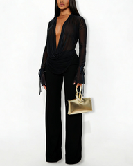 Deep V Mesh Cowl Neck Top & Wide Leg Pants Casual 2 Piece Outfit Set
