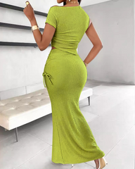 Stretchy Crop Top with Ruched Drawstring Mermaid Skirt Set