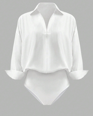 Collared V-Neck Rolled Sleeve Shirt Bodysuit