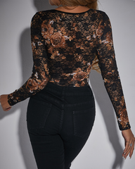 Elegant Lace Floral Square Neck Tulle Long Sleeves Underwire Bodysuit